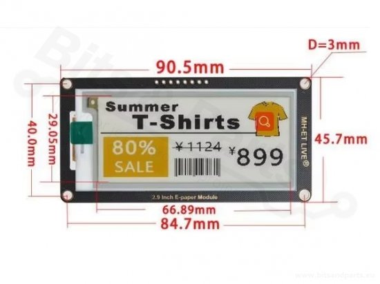 Display E-Paper 2,9inch 296x128px MH-ET Live zwart/rood met controller